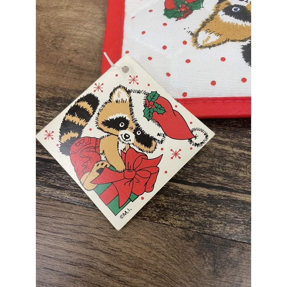Vintage Britches Cartoon Raccoon Oven Mitt With Tag Christmas Presents Santa Hat